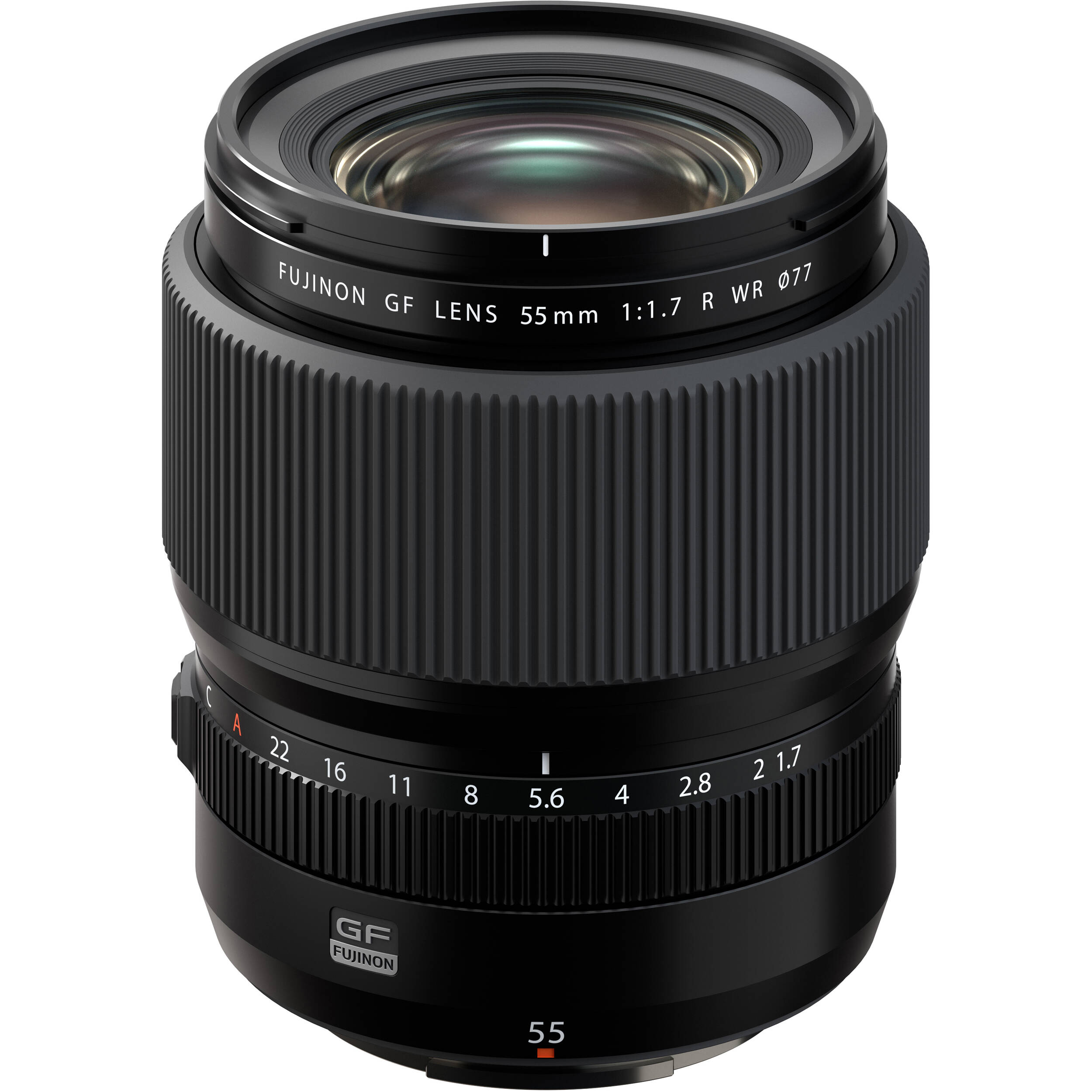 Fujifilm GF 55mm f/1.7 R WR. Medium-format prime with f/1.7, sharp optics, weather-resistant build, and beautiful bokeh for portraits.