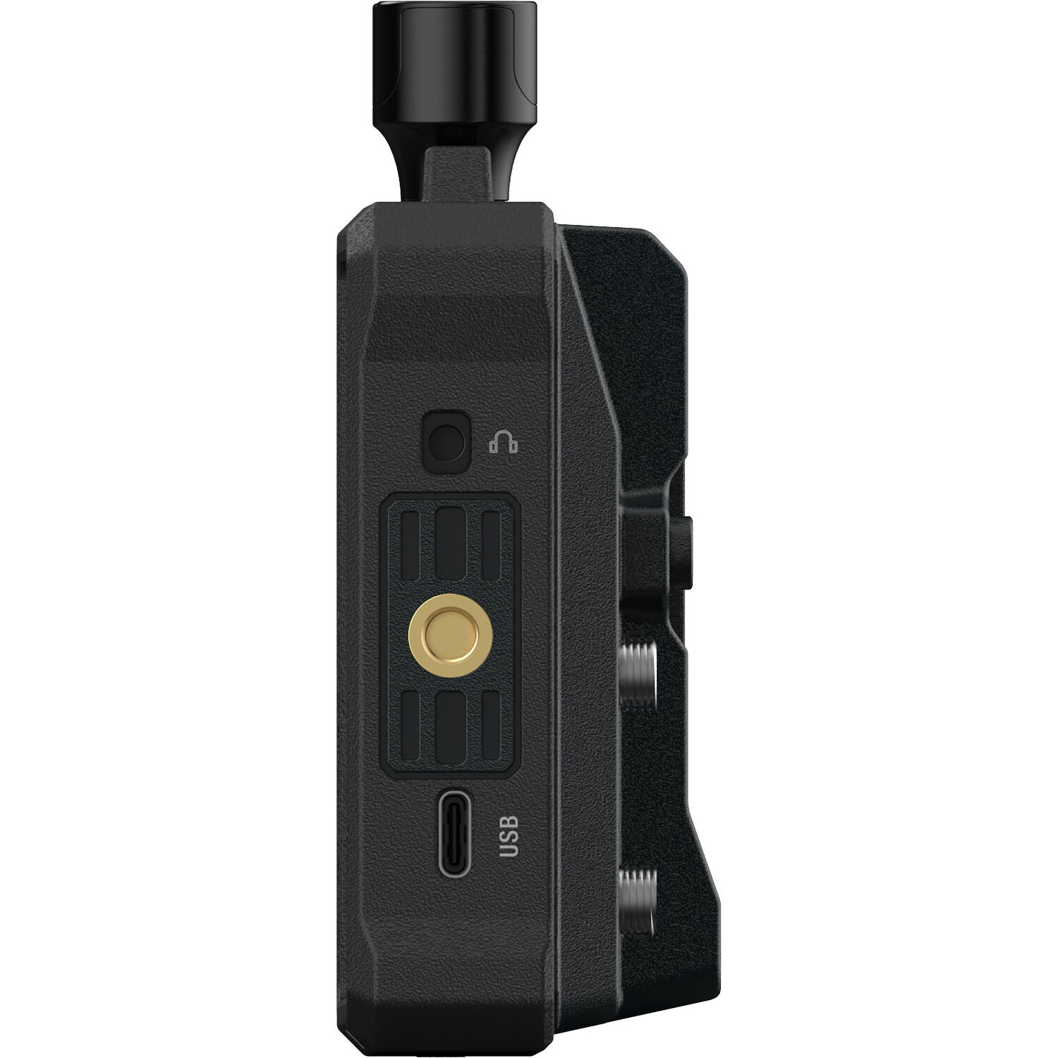 Black electronic device with gold accent on a white background