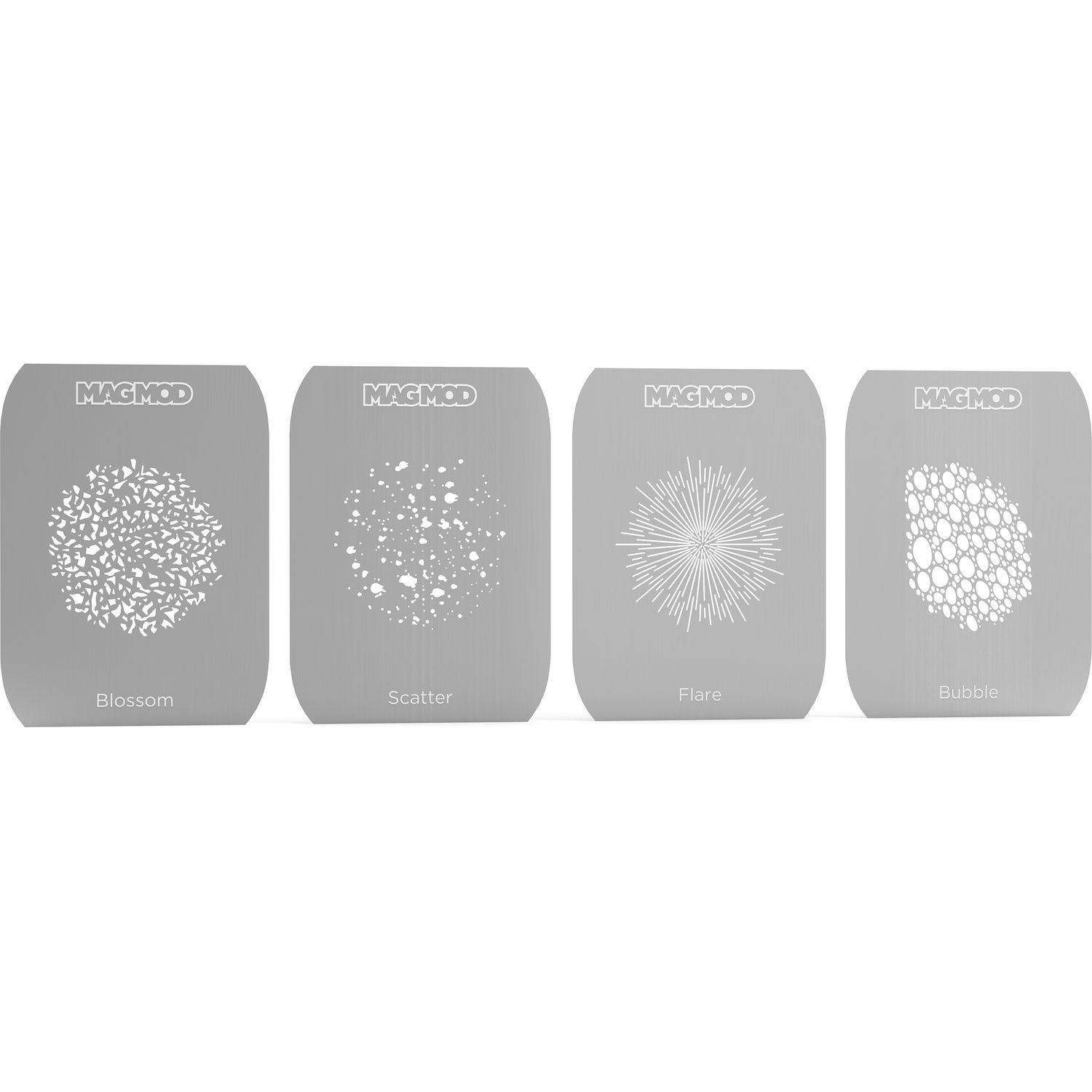 Four gray stencils with different patterns on a white background