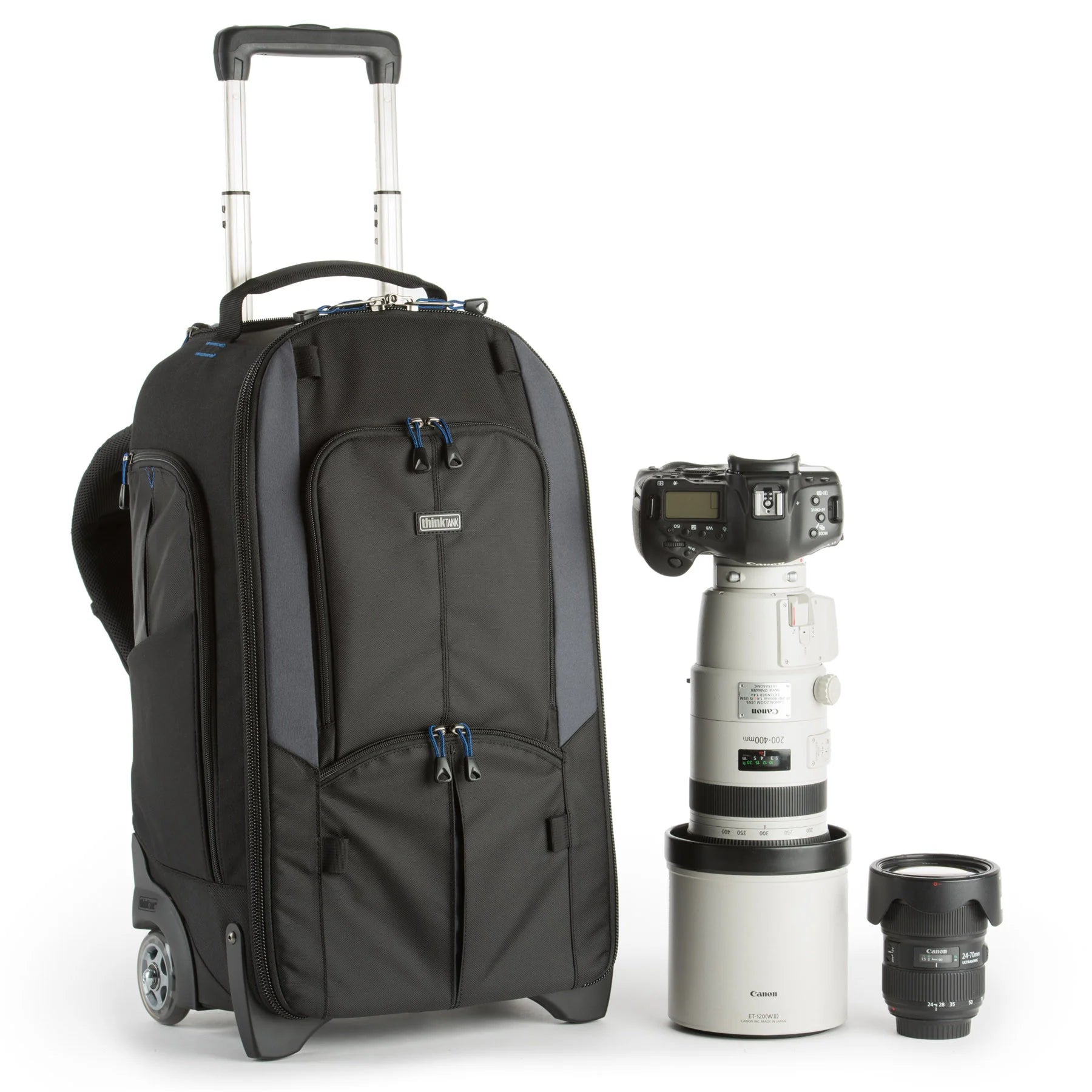Think Tank StreetWalker Rolling Backpack V2.0 — black, wheeled camera roller bag with padded interior and backpack straps