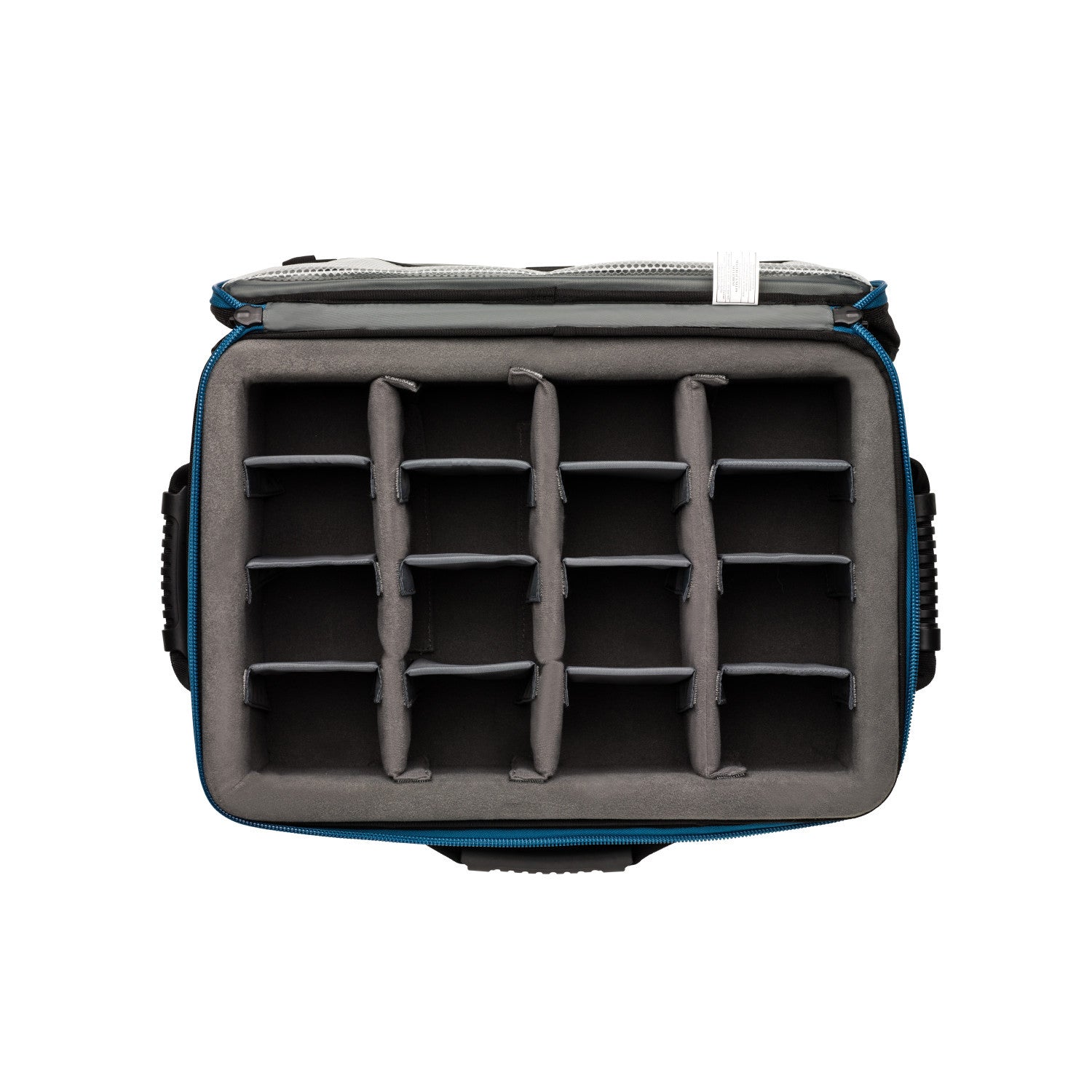 Camera bag with interior compartments on a white background