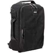 Think Tank Airport Essentials camera backpack — compact carry-on size black pack with front organizer pocket, grab handles, and laptop sleeve