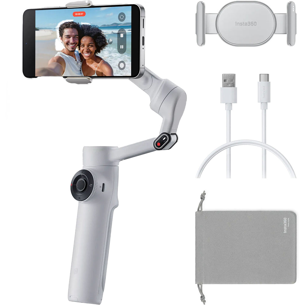 Insta360 Flow 2 Standard Bundle (Grey) featuring 3-axis gimbal stabilization, built-in selfie stick and metal tripod, advanced Deep Track 4.0 AI tracking with group, distance, and gesture tracking, smartphone and Apple Watch remote control, SmartWheel button, magnetic phone clamp, and up to 10-hour runtime.