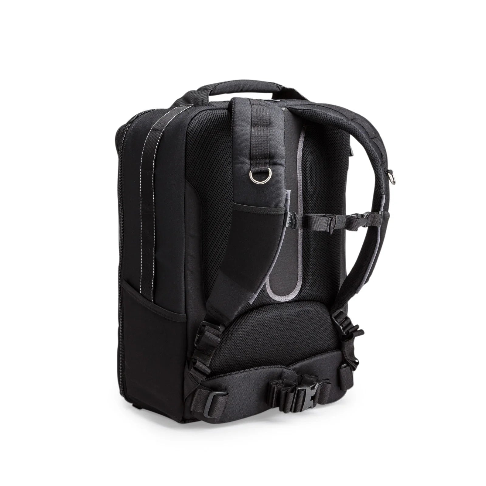 Think Tank Airport Accelerator camera backpack — black, large roll-top pack with padded dividers and side tripod mounts