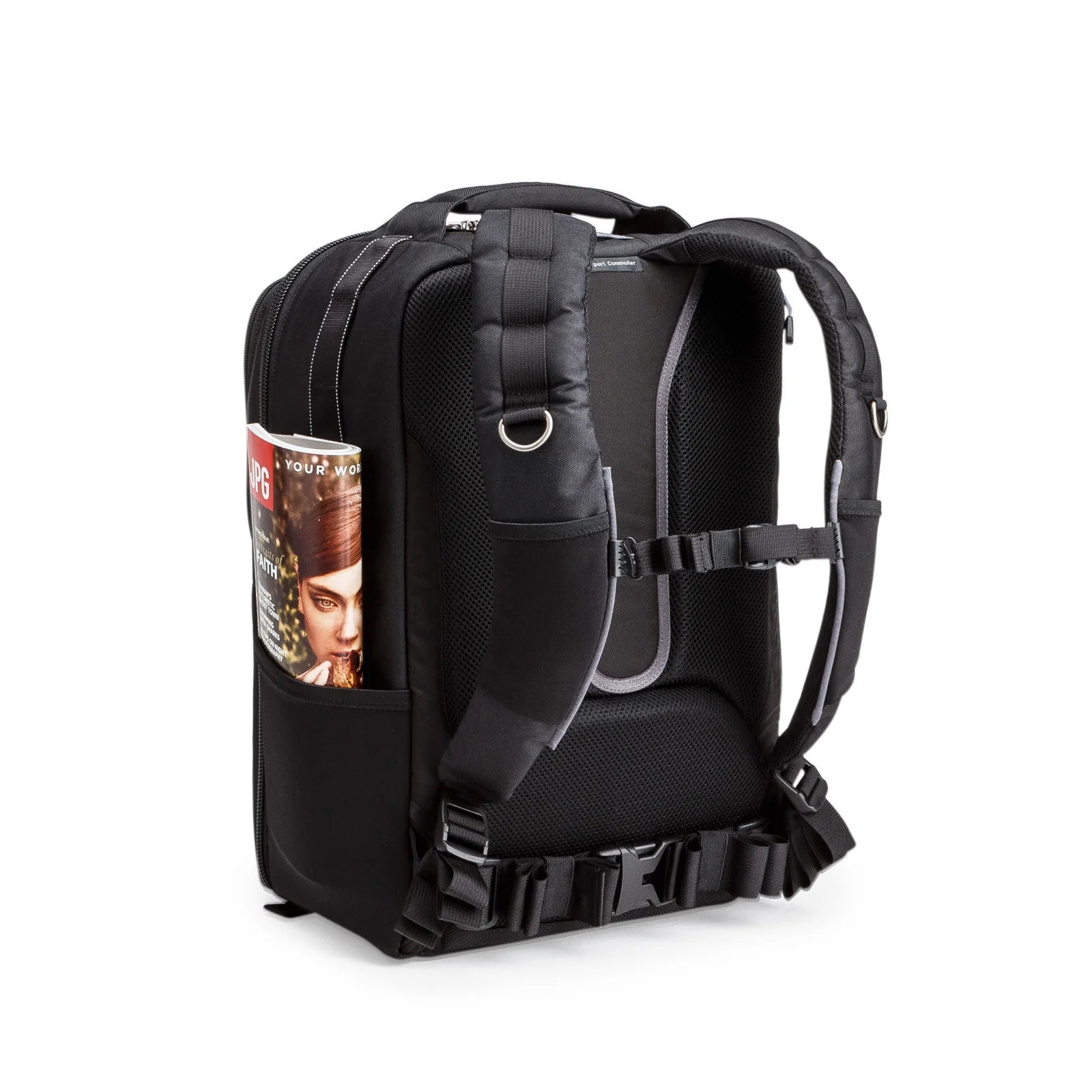 Think Tank Airport Commuter camera backpack — black carry-on bag with padded camera compartment, laptop sleeve, and side tripod straps.