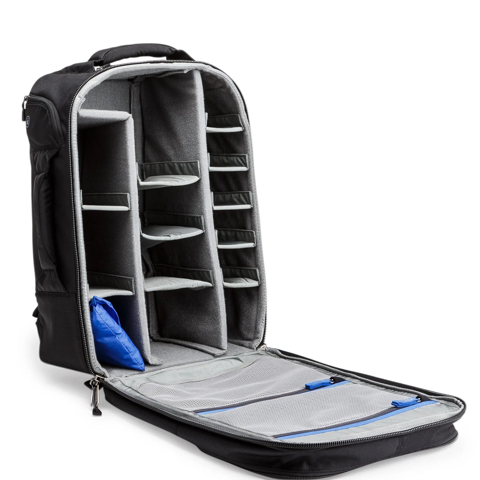 Think Tank Airport Commuter camera backpack — black carry-on bag with padded camera compartment, laptop sleeve, and side tripod straps.