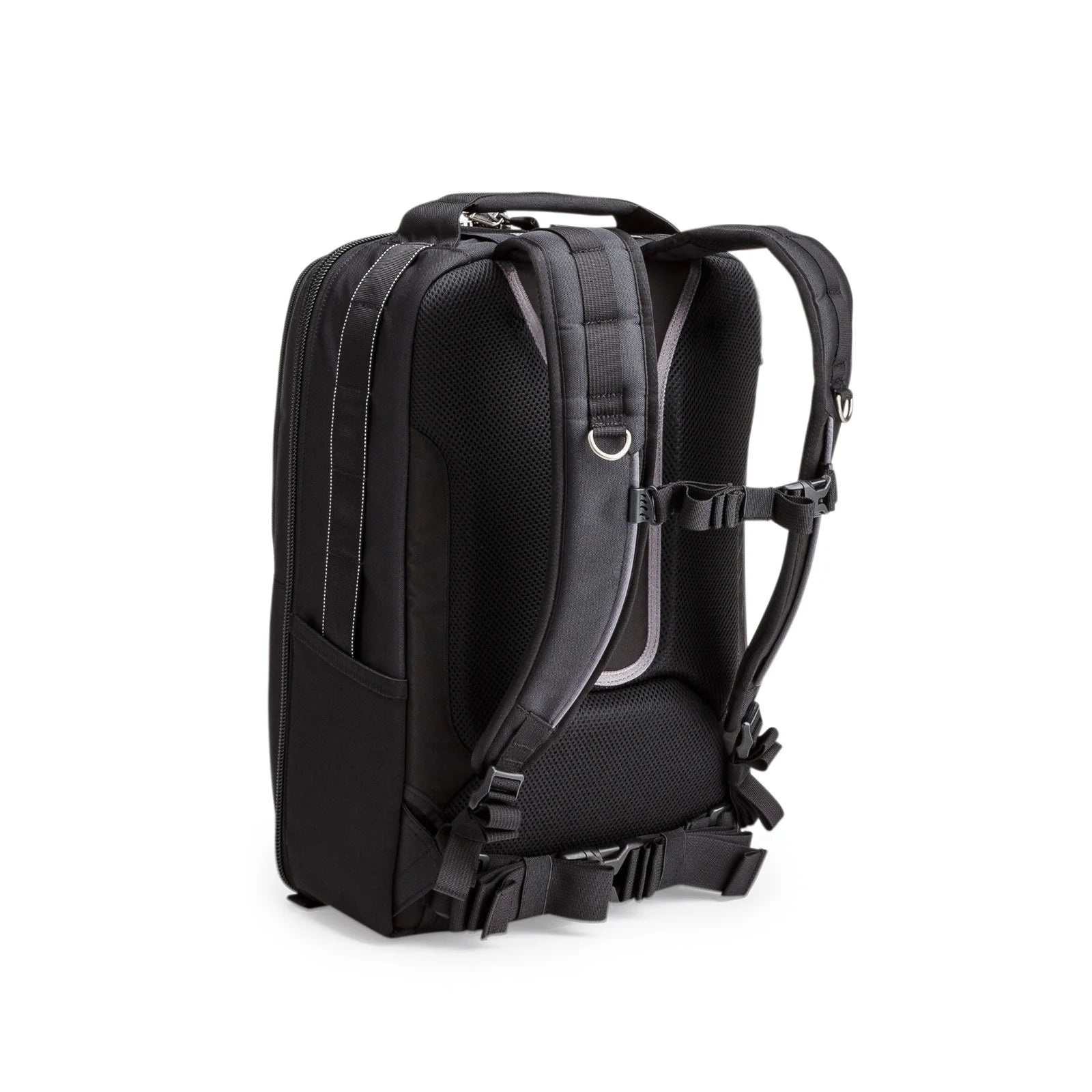 Think Tank Airport Essentials camera backpack — compact carry-on size black pack with front organizer pocket, grab handles, and laptop sleeve
