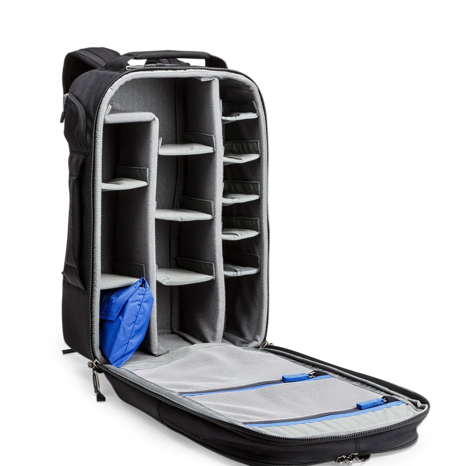 Think Tank Airport Essentials camera backpack — compact carry-on size black pack with front organizer pocket, grab handles, and laptop sleeve