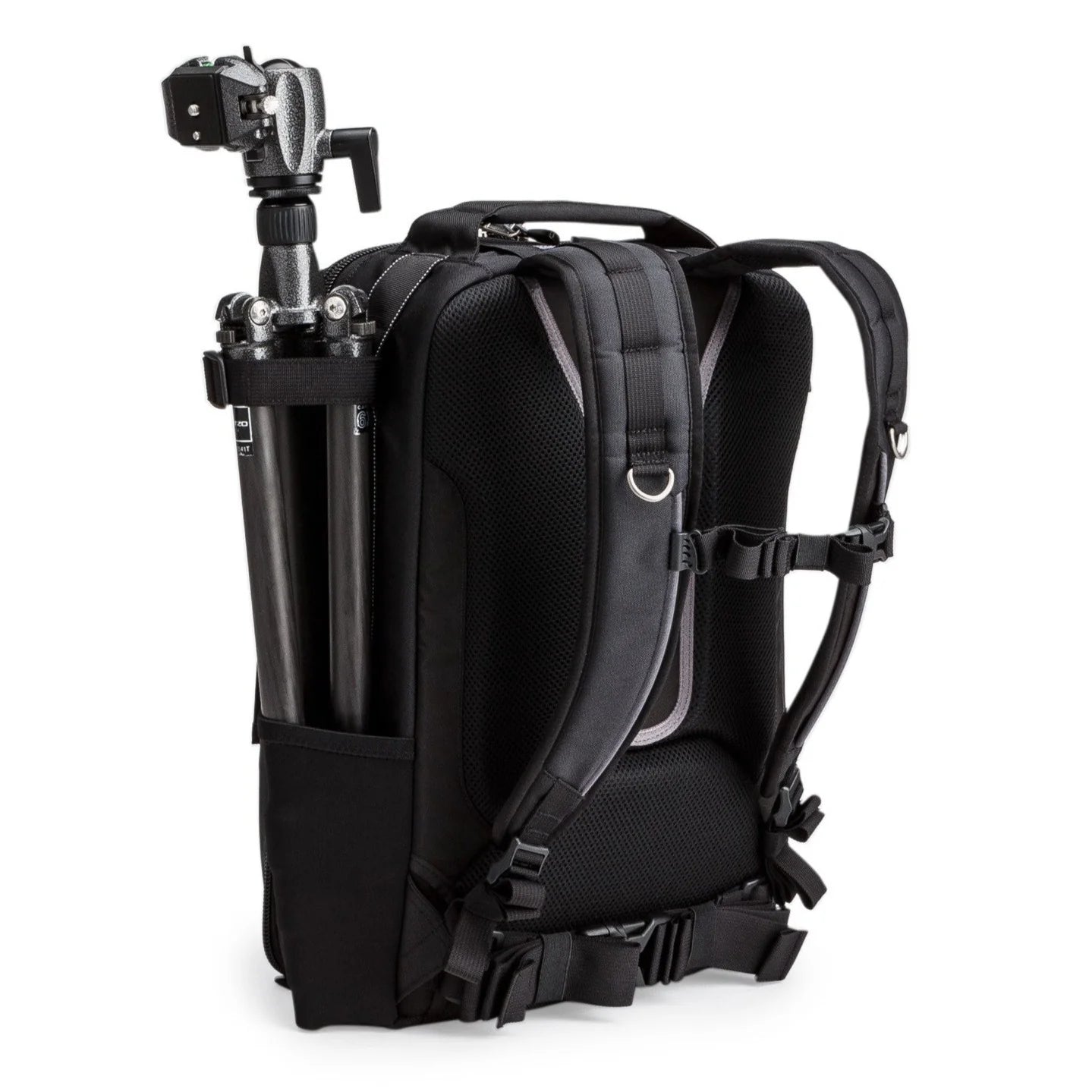 Think Tank Airport Essentials camera backpack — compact carry-on size black pack with front organizer pocket, grab handles, and laptop sleeve