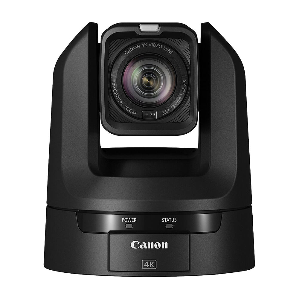 Canon CR-N100 PTZ Camera (Black) features a 1/2.3" 8.29MP CMOS sensor with DIGIC DV6 processor, UHD 4K30 and Full HD 1080p60 capture, Hybrid AF, 20x optical zoom with image stabilisation, and intelligent auto tracking with face detection. It offers smooth pan/tilt performance, HDMI/IP/USB-C outputs, built-in IP streaming protocols including NDI|HX2 and SRT, and compatibility with remote control apps. Ideal for corporate, education, live events, broadcast, and content creation.