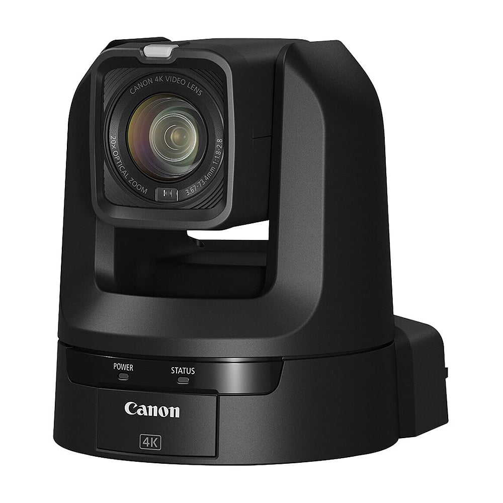 Canon CR-N100 PTZ Camera (Black) features a 1/2.3" 8.29MP CMOS sensor with DIGIC DV6 processor, UHD 4K30 and Full HD 1080p60 capture, Hybrid AF, 20x optical zoom with image stabilisation, and intelligent auto tracking with face detection. It offers smooth pan/tilt performance, HDMI/IP/USB-C outputs, built-in IP streaming protocols including NDI|HX2 and SRT, and compatibility with remote control apps. Ideal for corporate, education, live events, broadcast, and content creation.