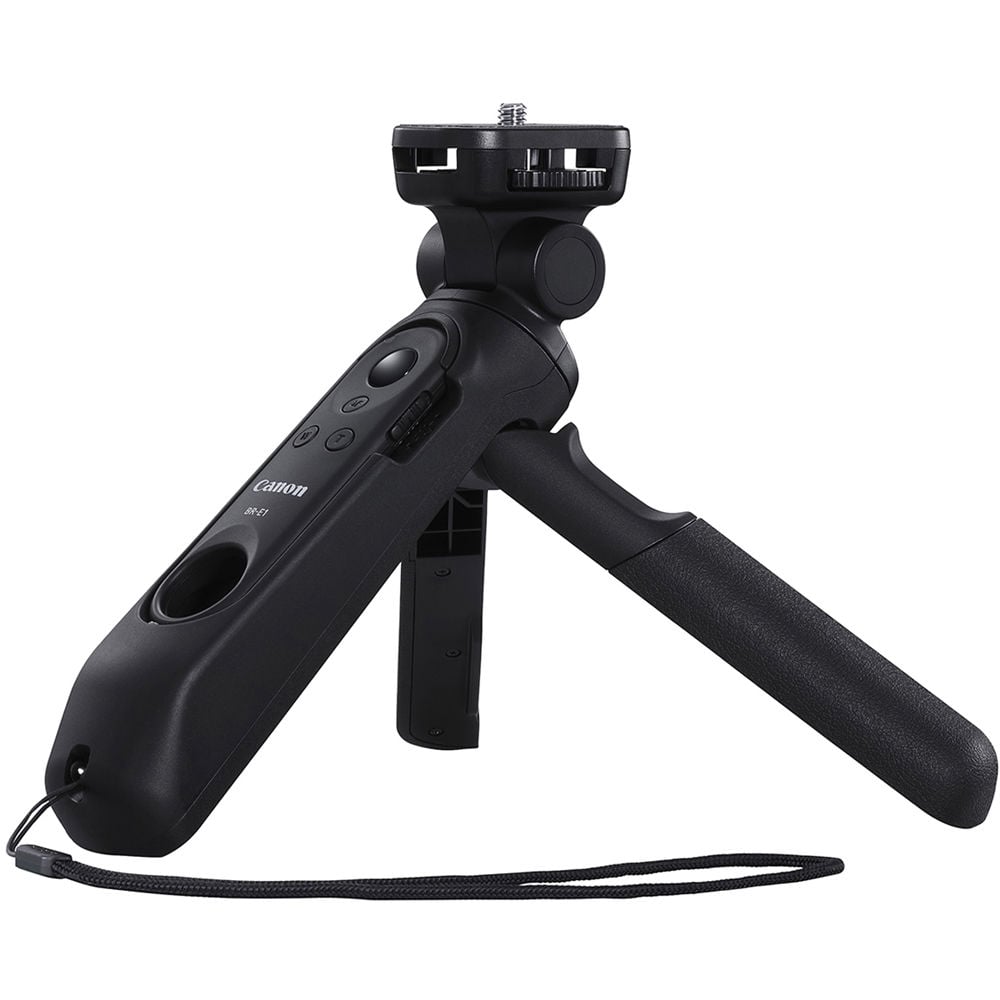 Canon HG‑100TBR Tripod Grip—black and dark grey handheld grip with 1/4‑inch tripod threads, ergonomic textured body, wrist strap attachment, and collapsible design for tripod and gimbal support.