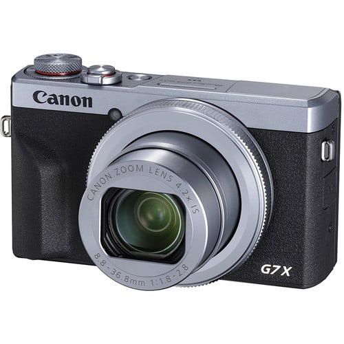Canon PowerShot G7 X Mark III (Silver): 20.1MP 1" stacked CMOS sensor, DIGIC 8 processor, 4.2x optical zoom (24-100mm), f/1.8-2.8 lens, 4K 30p & Full HD 120p video, 20fps shooting, 3" tilting touchscreen, Wi-Fi, Bluetooth, live streaming, external mic input.