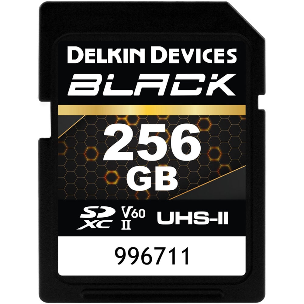 Delkin Devices Black 256GB UHS-II SDXC Memory Card (V60) – ultra-fast, high-capacity storage for professional photos and videos.