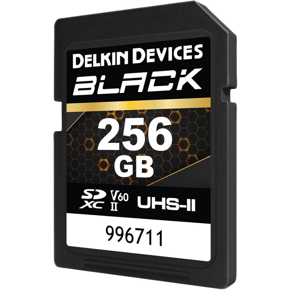 Delkin Devices Black 256GB UHS-II SDXC Memory Card (V60) – ultra-fast, high-capacity storage for professional photos and videos.