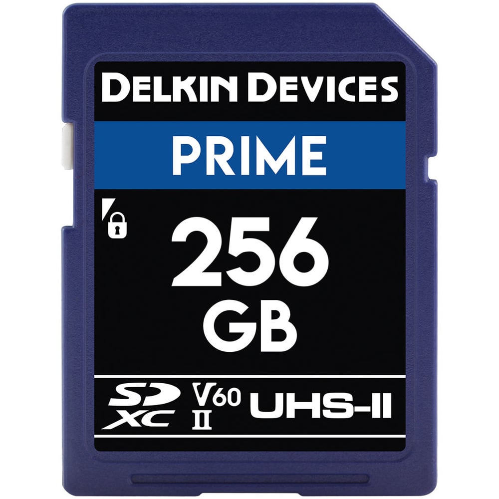 Delkin Devices Prime 256GB UHS-II SDXC memory card with 280MB/s speed for 4K video and high-resolution photography.