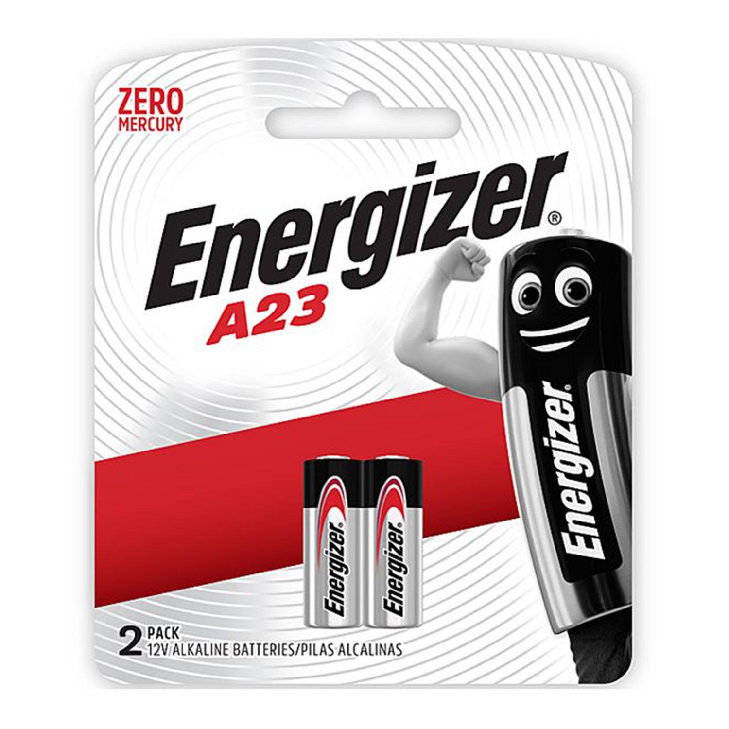 Energizer 12V Alkaline A23 Battery 2-pack for keyless entry, door chimes, garage openers, and small electronic devices.