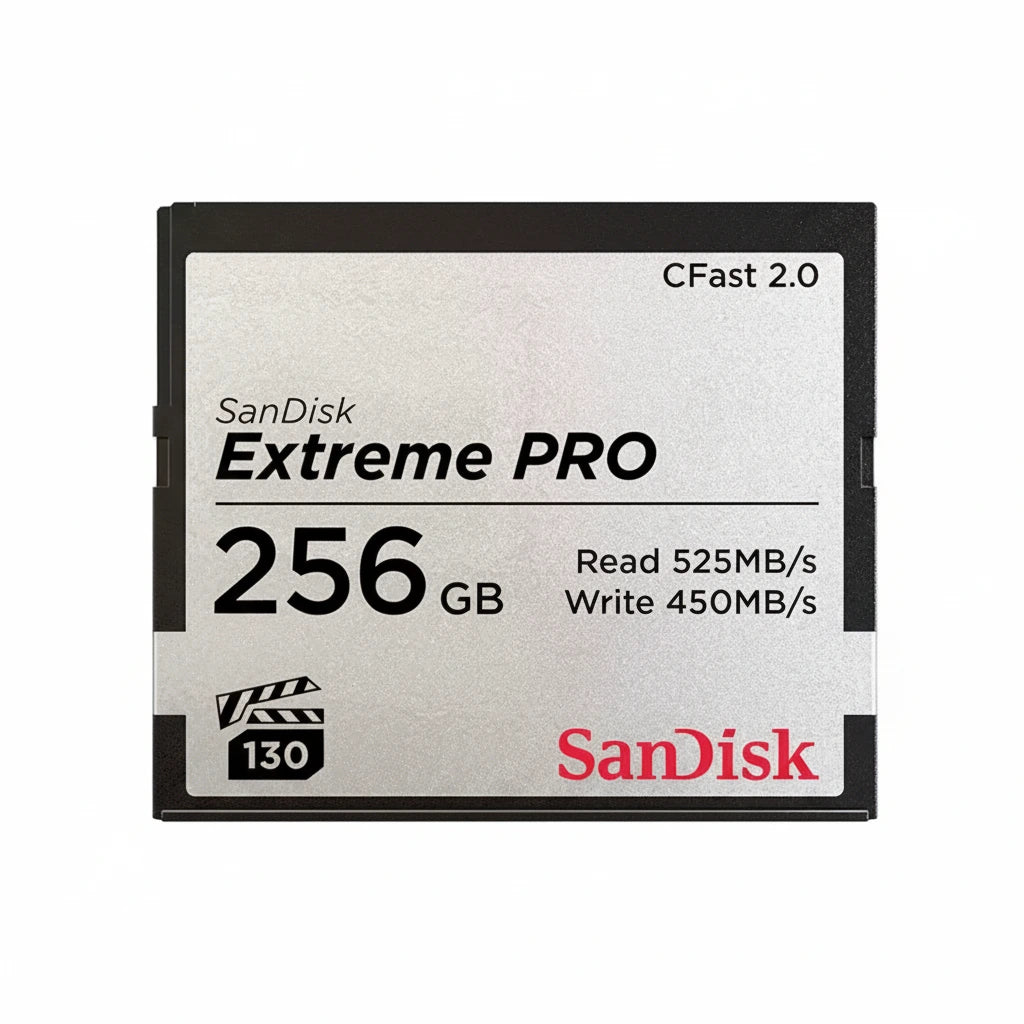 SanDisk Extreme PRO 256GB CFast 2.0 memory card on a white background