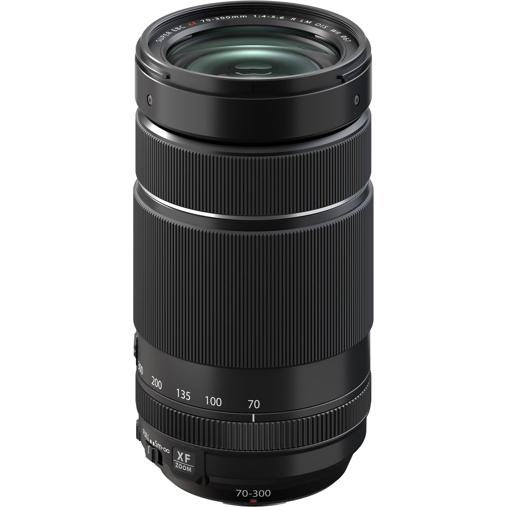 Camera lens with focus scale and brand markings on a white background