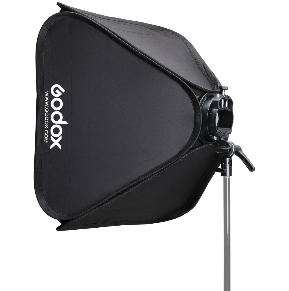 Godox S2 Speedlite bracket with 60 × 60 cm softbox (Bowens mount), collapsible square softbox with speedlight ring and grid, soft diffusion kit.