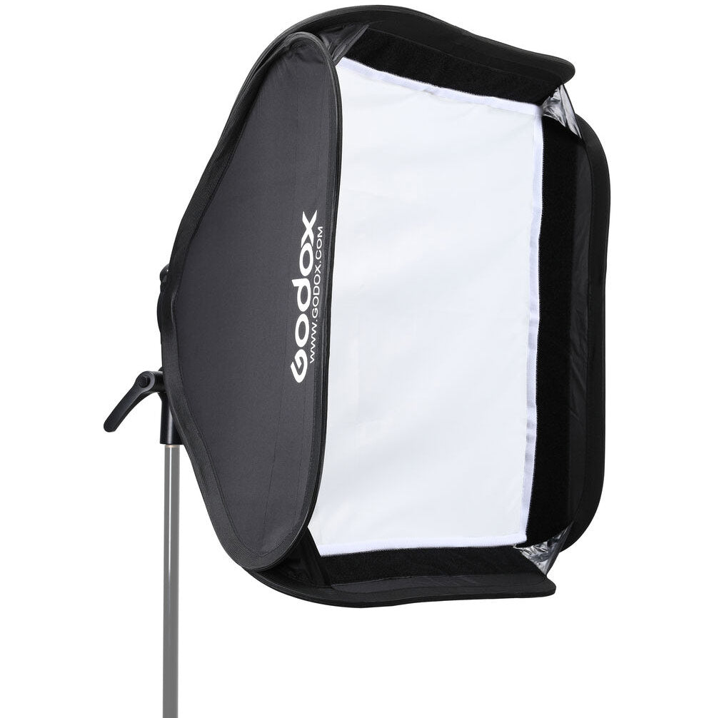 Godox S2 Speedlite bracket with 60 × 60 cm softbox (Bowens mount), collapsible square softbox with speedlight ring and grid, soft diffusion kit.