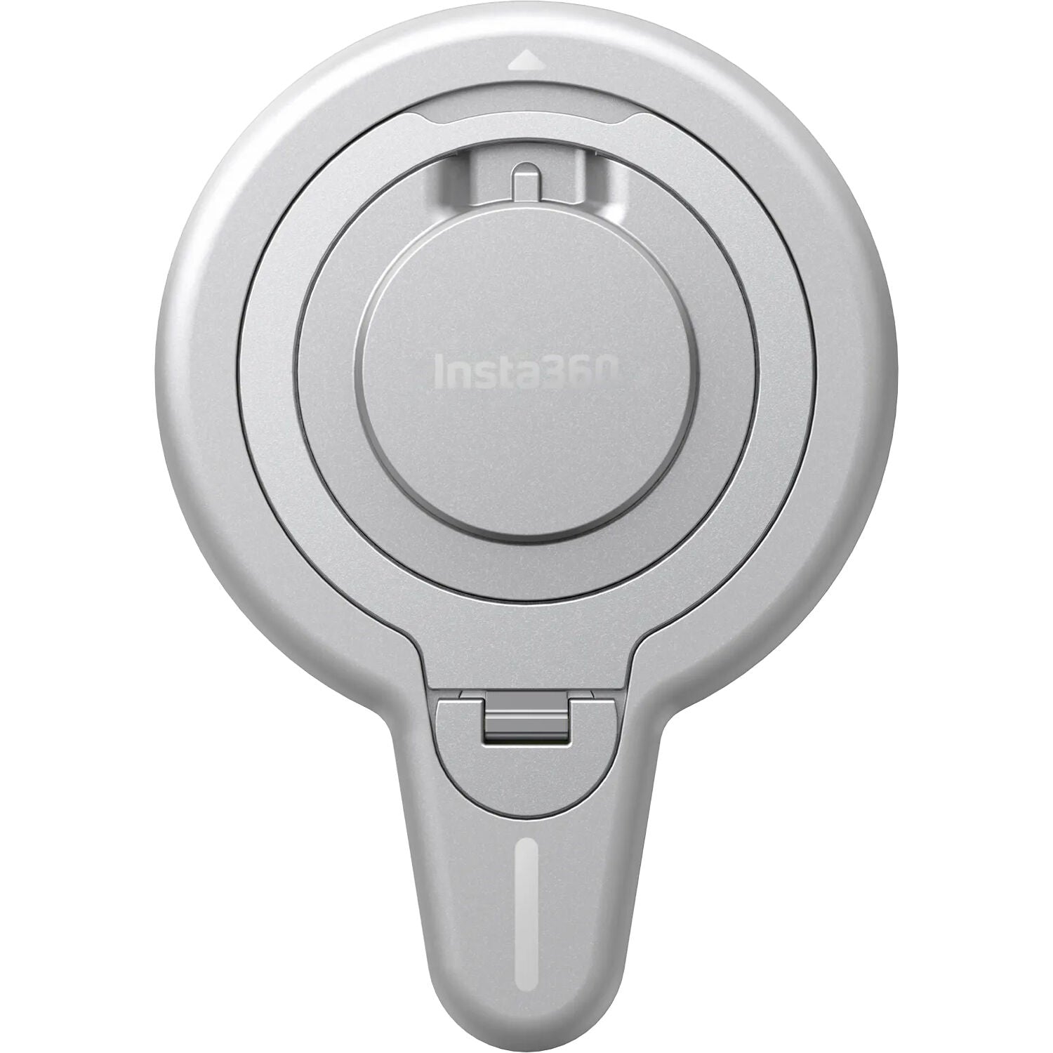 Insta360 Flow 2 Pro Magnetic Phone Mount with strong N52-grade magnets designed to securely hold MagSafe-compatible iPhone 12 or later models, featuring a 360° rotatable metal ring stand that doubles as a desktop phone stand, lightweight aluminum and silicone build, and compact 8.1 x 5.6 x 0.5 cm size.