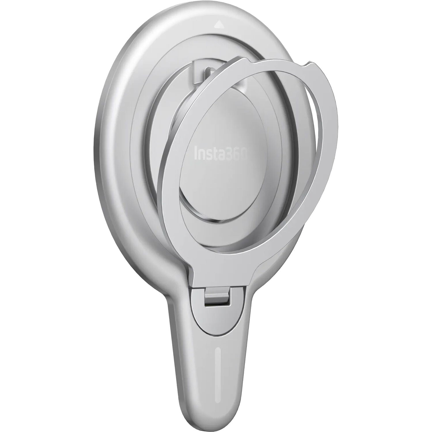 Insta360 Flow 2 Pro Magnetic Phone Mount with strong N52-grade magnets designed to securely hold MagSafe-compatible iPhone 12 or later models, featuring a 360° rotatable metal ring stand that doubles as a desktop phone stand, lightweight aluminum and silicone build, and compact 8.1 x 5.6 x 0.5 cm size.