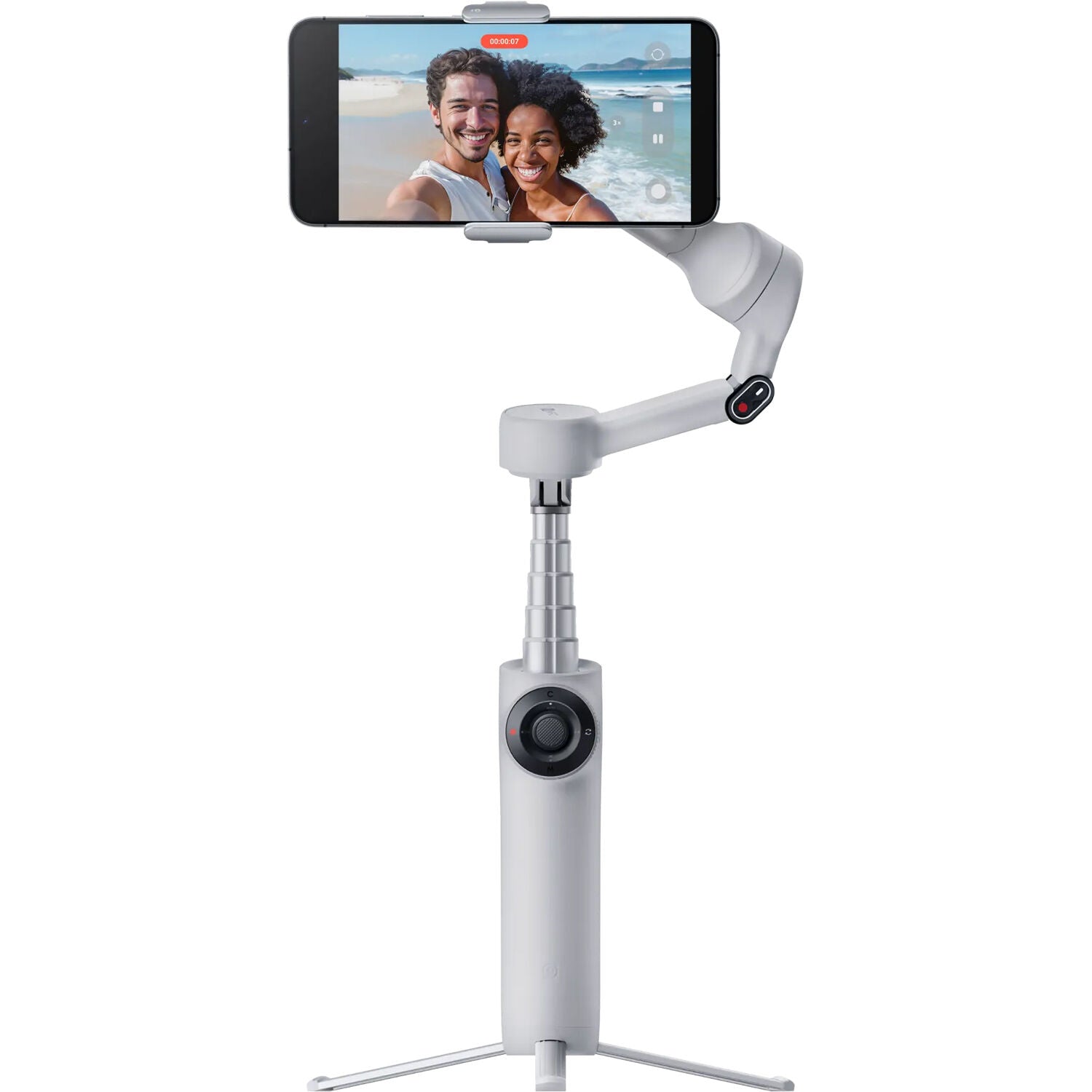 Insta360 Flow 2 Standard Bundle (Grey) featuring 3-axis gimbal stabilization, built-in selfie stick and metal tripod, advanced Deep Track 4.0 AI tracking with group, distance, and gesture tracking, smartphone and Apple Watch remote control, SmartWheel button, magnetic phone clamp, and up to 10-hour runtime.