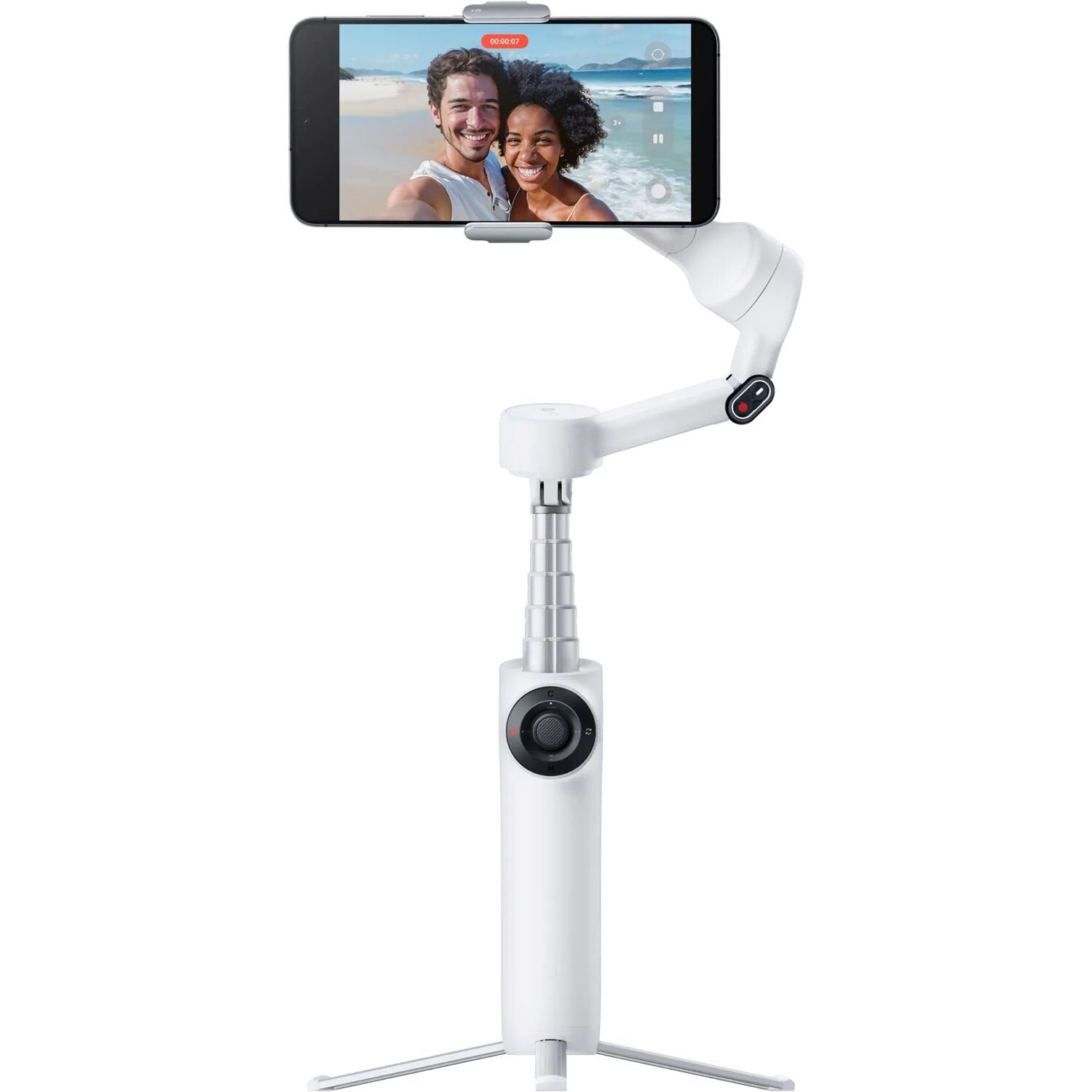 Insta360 Flow 2 Standard Bundle in White featuring 3-axis gimbal stabilization, built-in selfie stick and tripod, AI-assisted Active Zoom Tracking, group and distance tracking, gesture control, remote control via Apple Watch or second phone, 10 hours battery life, and USB-C charging