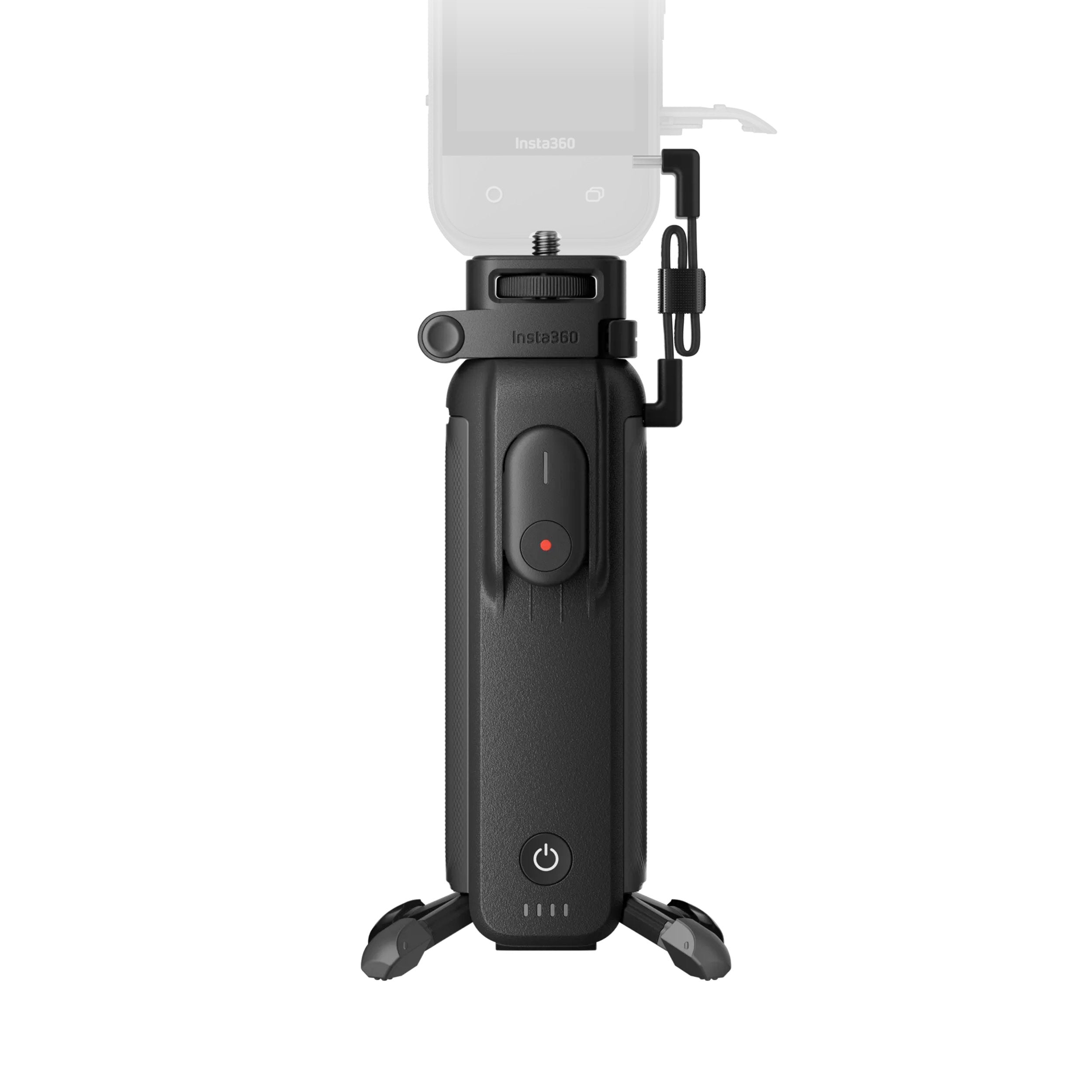Insta360 FOMO Power Handle with built-in 6100mAh battery, foldable design, detachable mini remote, and lens protection for extended 360° camera recording.