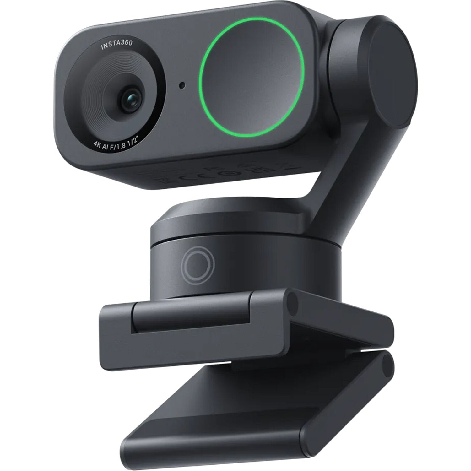 Insta360 Link 2 4K AI Webcam featuring 1/2” sensor, UHD 4K resolution at 30fps, 2-axis gimbal with AI tracking, auto-focus, and smart whiteboard and DeskView modes.