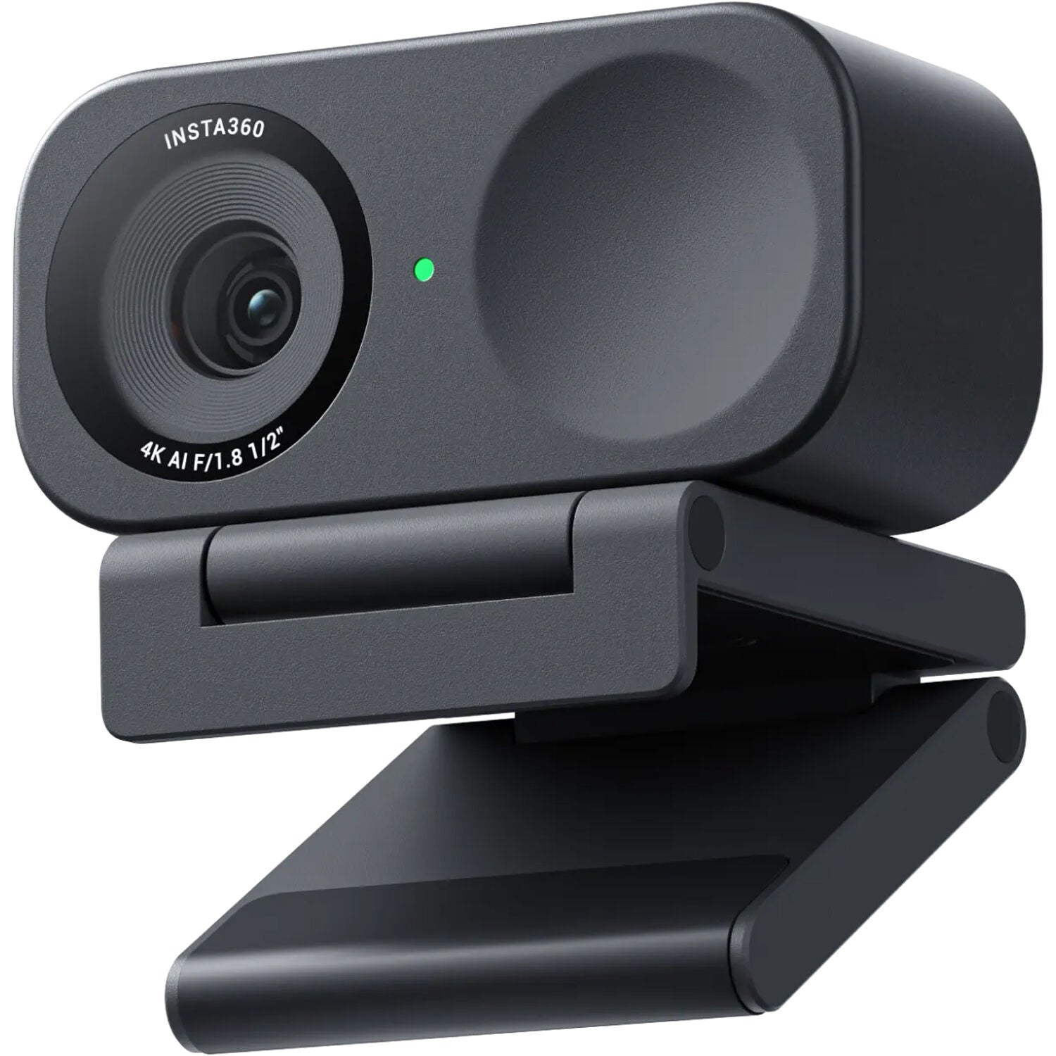 Insta360 Link 2C 4K AI Webcam with 1/2” sensor, UHD 4K at 30fps, AI tracking, Phase Detection Auto Focus, 4x digital zoom, Smart Whiteboard and DeskView modes, and AI noise-canceling microphones.