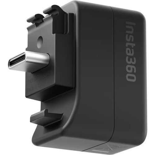 Insta360 Microphone Adapter with 3.5mm audio input and USB-C charging port, compatible with ACE and ACE PRO cameras for simultaneous charging and audio recording.