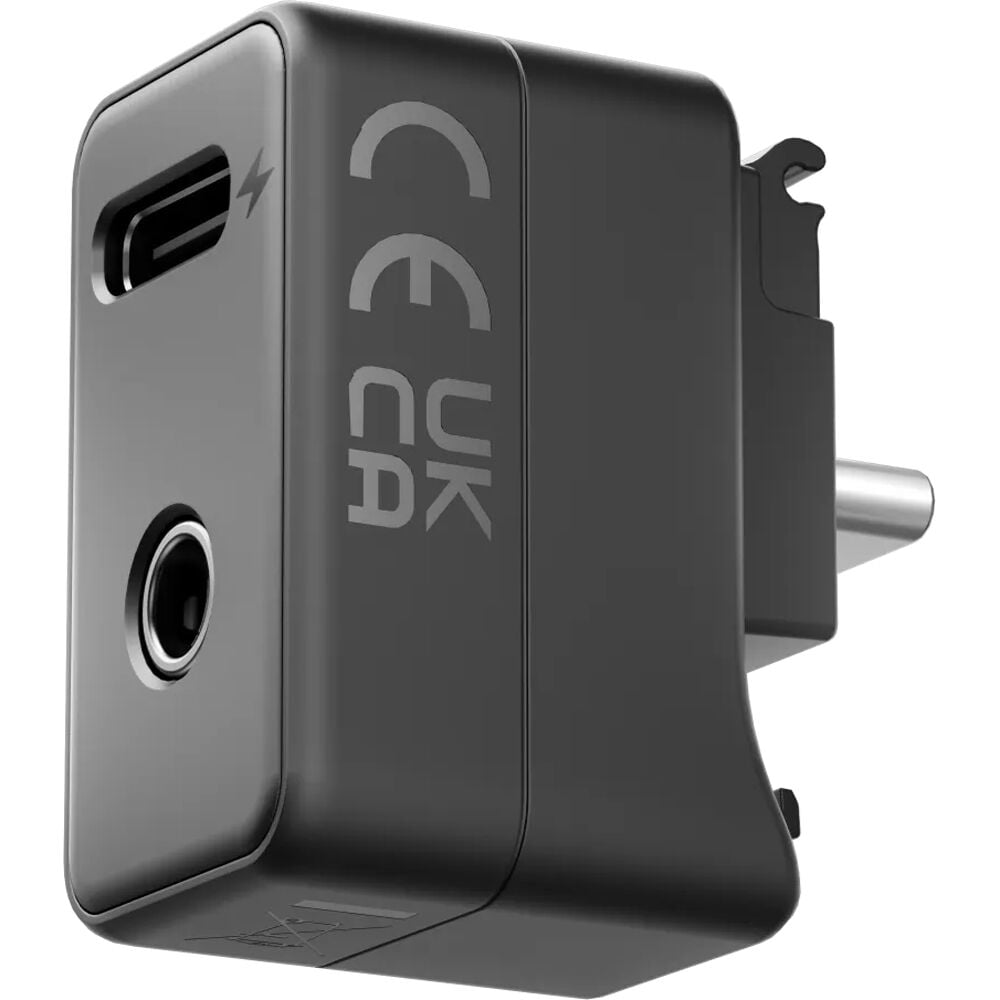 Insta360 Microphone Adapter with 3.5mm audio input and USB-C charging port, compatible with ACE and ACE PRO cameras for simultaneous charging and audio recording.