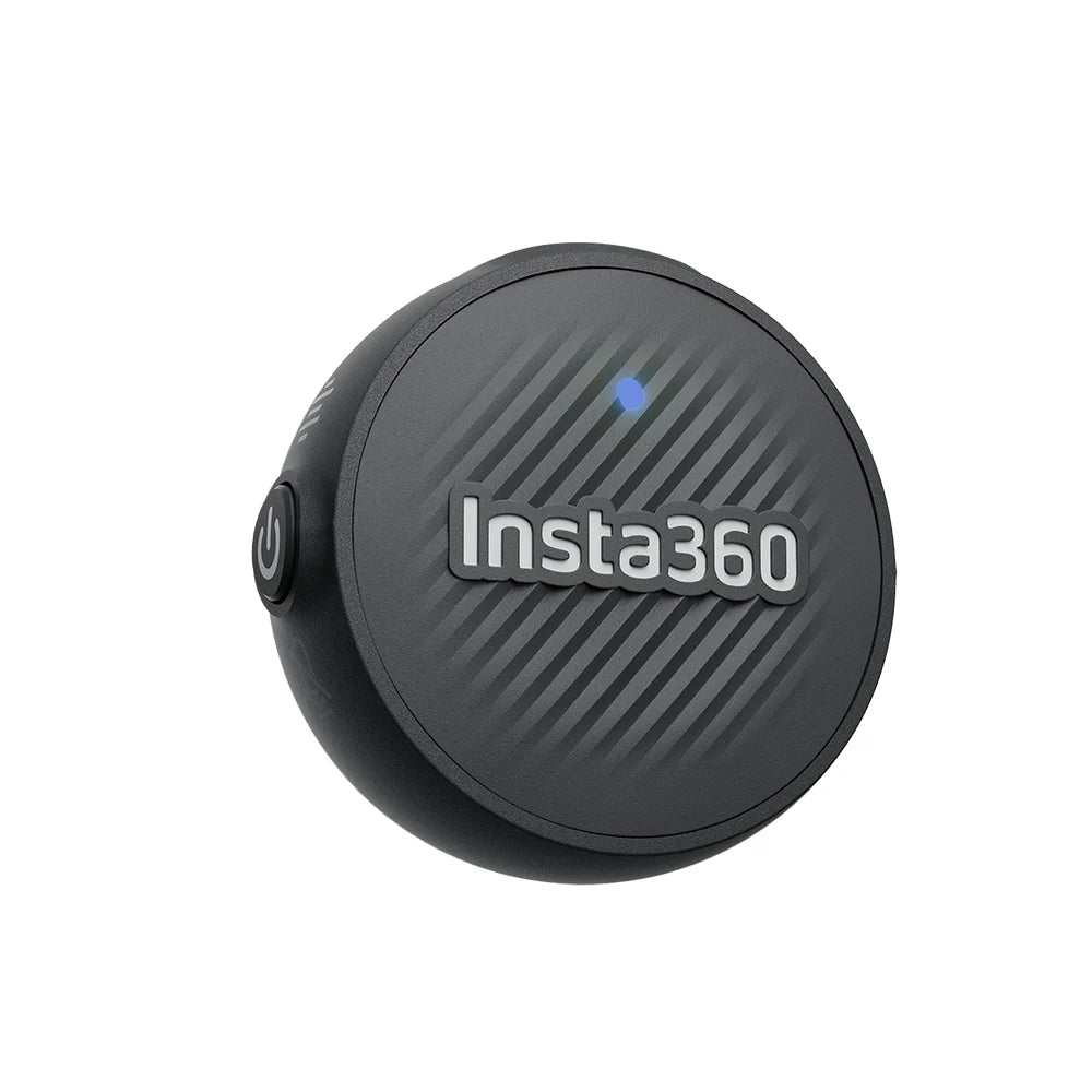 Compact Insta360 Mic Air wireless microphone transmitter weighing 7.9g with 48kHz/24-bit audio, noise reduction, magnetic clip, 10-hour battery life, and 300m wireless range for Insta360 X5 and Ace Pro 2 cameras.