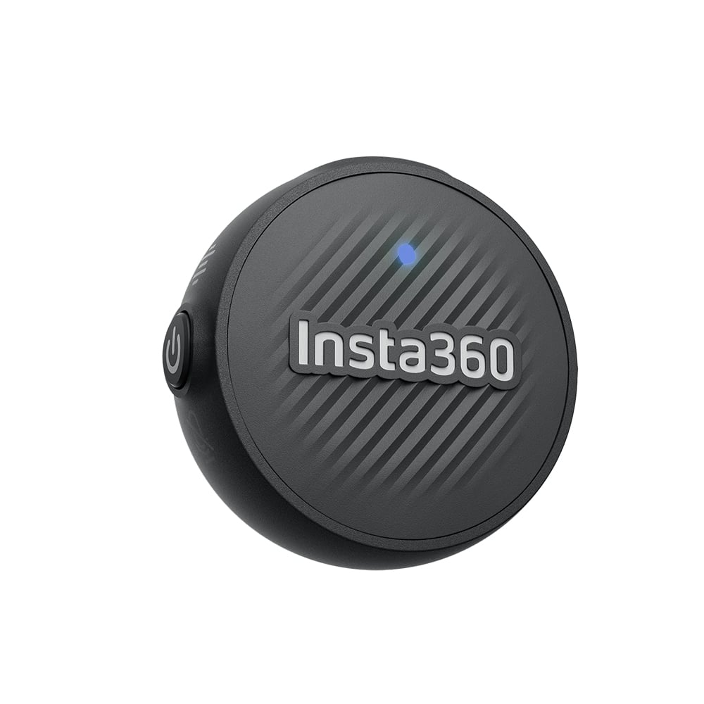Insta360 Mic Air wireless microphone system with 7.9g ultra-light transmitter, 48kHz high-quality audio, 10-hour battery life, 300m wireless range, and built-in noise reduction for clear sound capture.