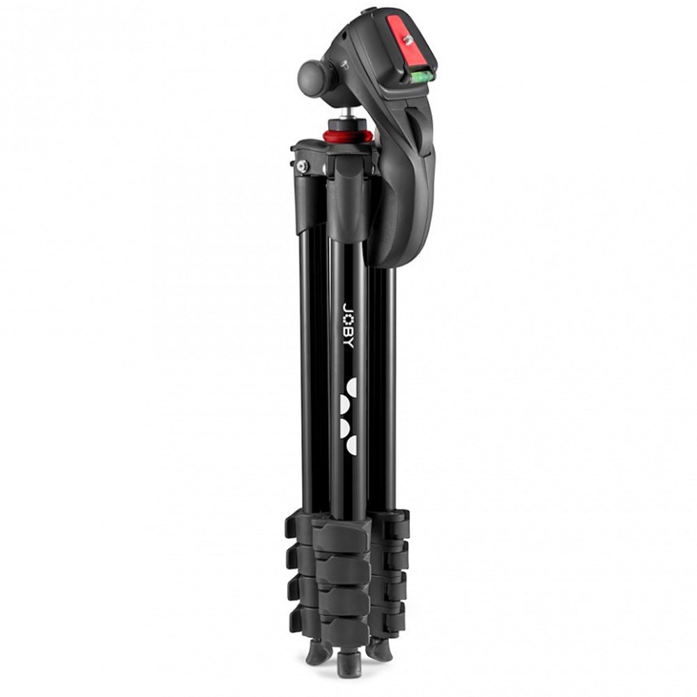 Black tripod with a swivel head on a white background