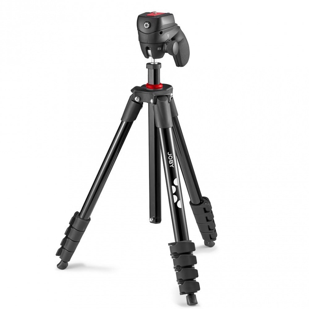 Black camera tripod with a head on a white background