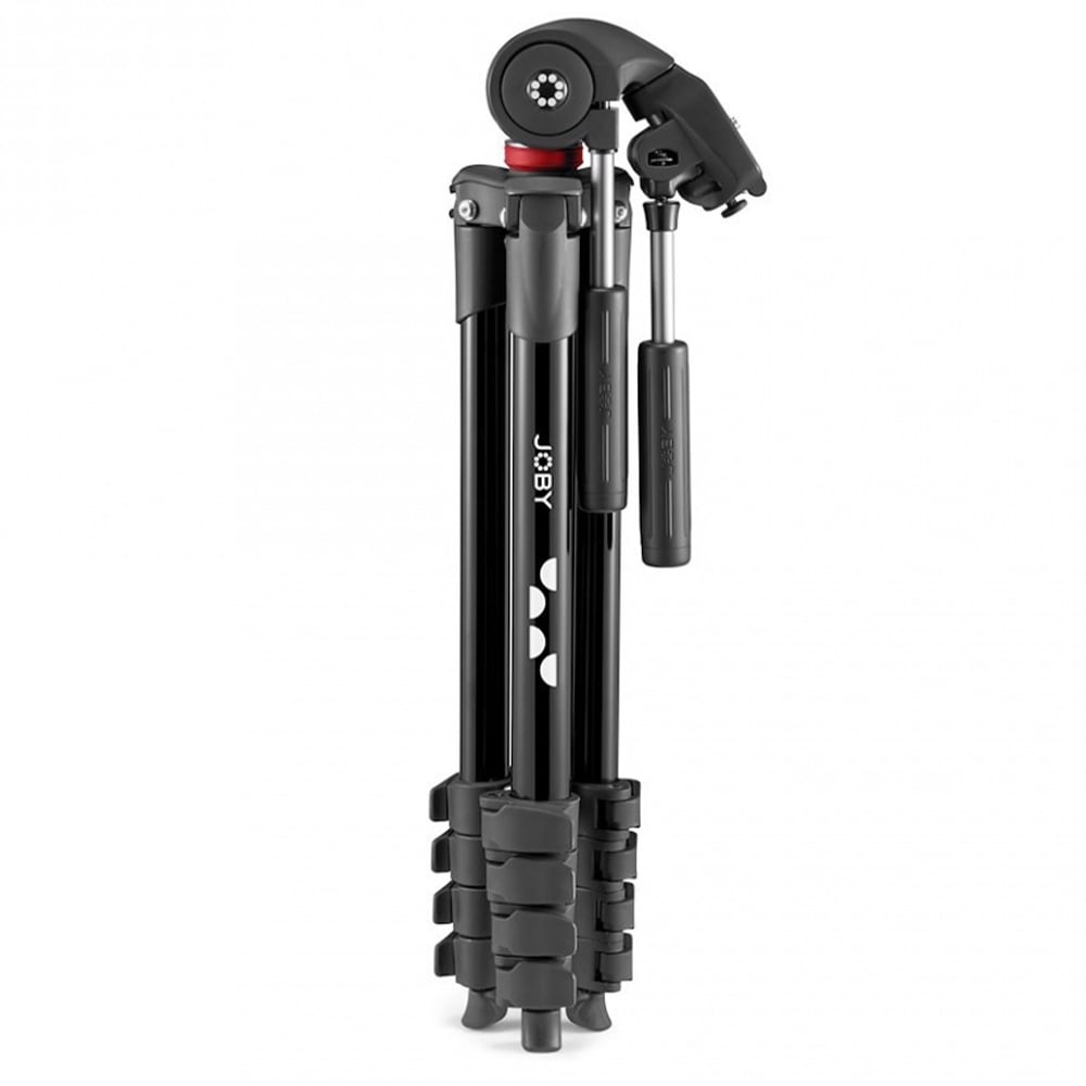 Black tripod with adjustable legs on a white background