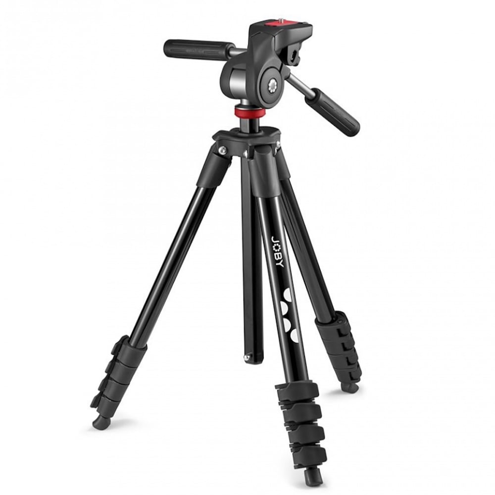 Black tripod with a swivel head on a white background