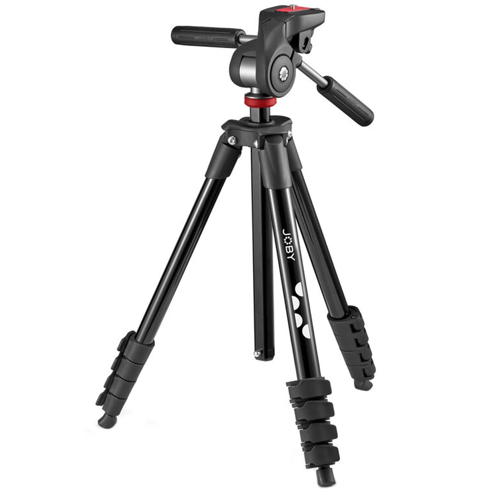 Black camera tripod with adjustable head on a white background