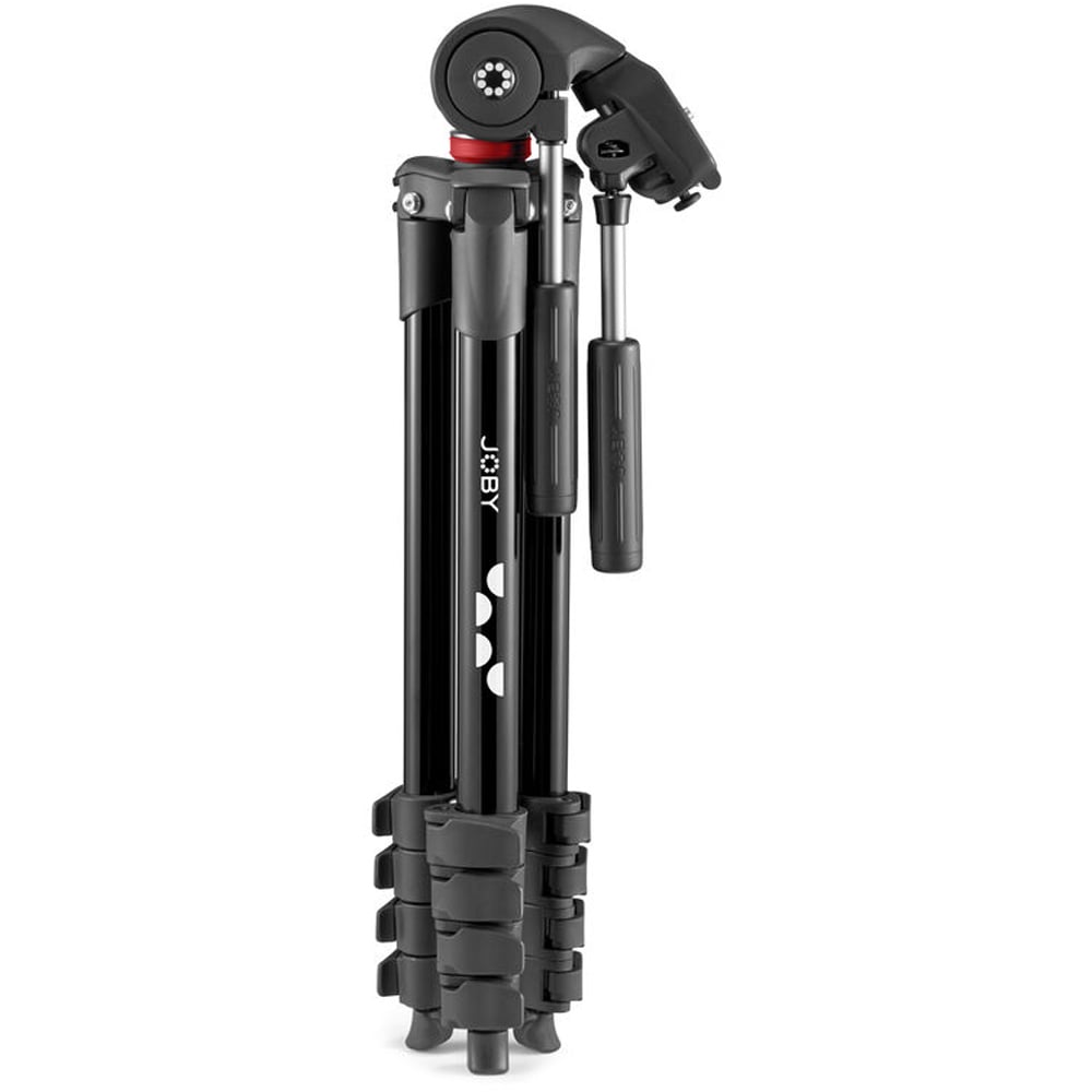 Black camera tripod on a white background