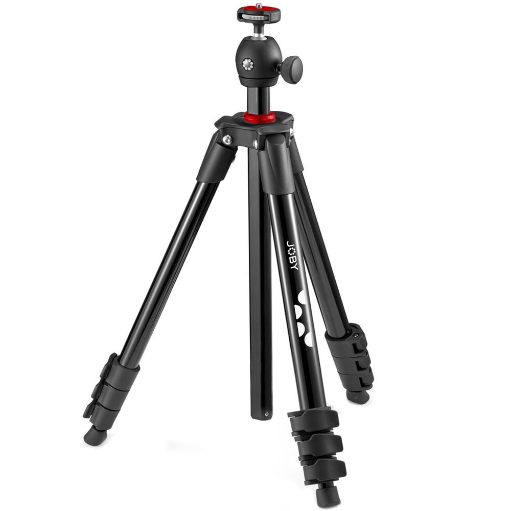 Black tripod with ball head on a white background