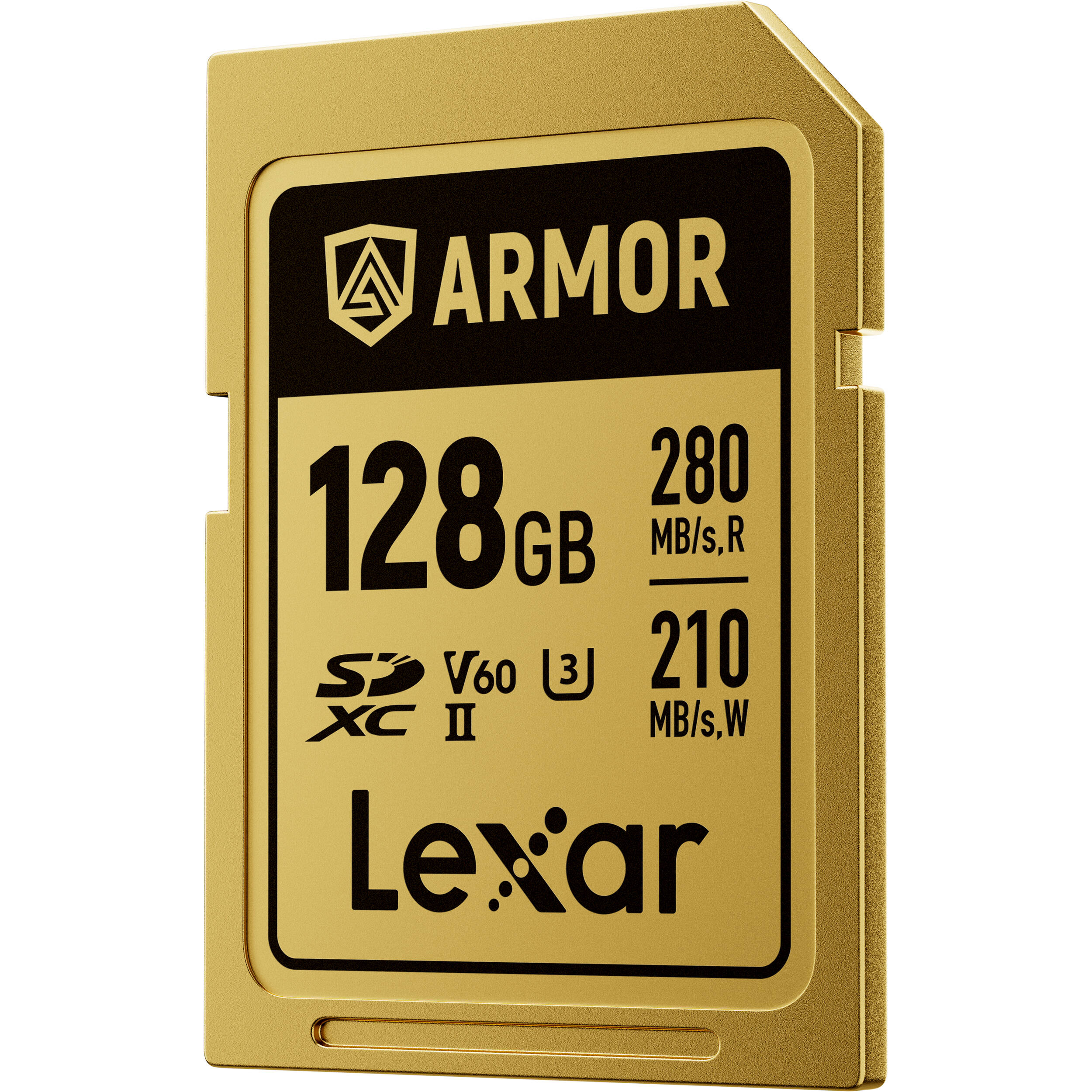 Lexar ARMOR GOLD SDXC UHS-II card with stainless steel build and V60 rating.