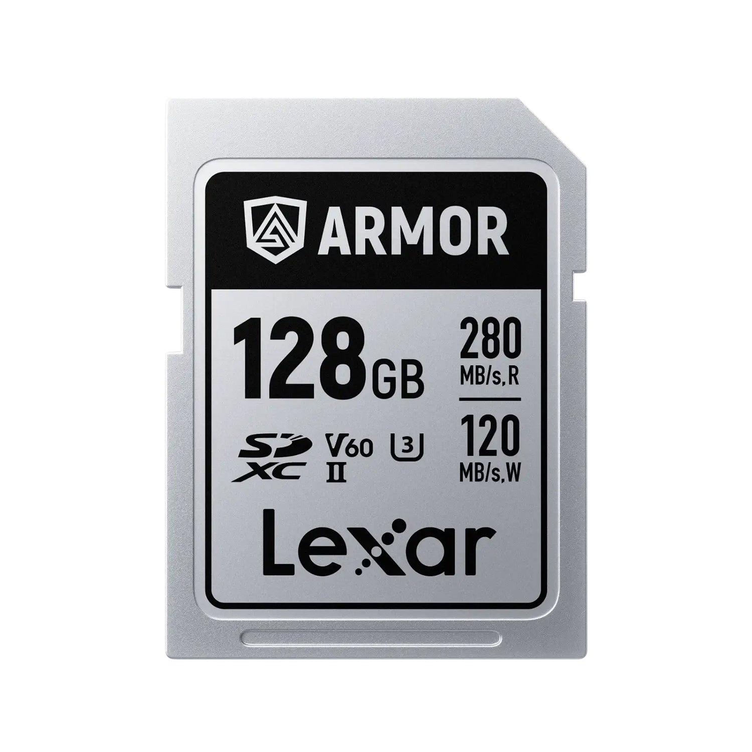 Lexar ARMOR SILVER PRO SDXC card with steel casing and IP68 protection.