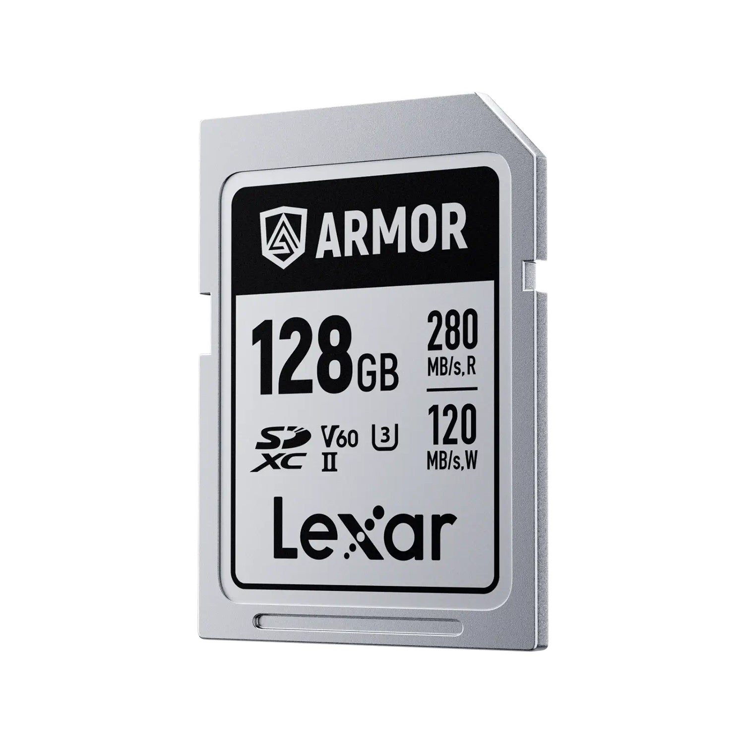 Lexar ARMOR SILVER PRO SDXC card with steel casing and IP68 protection.