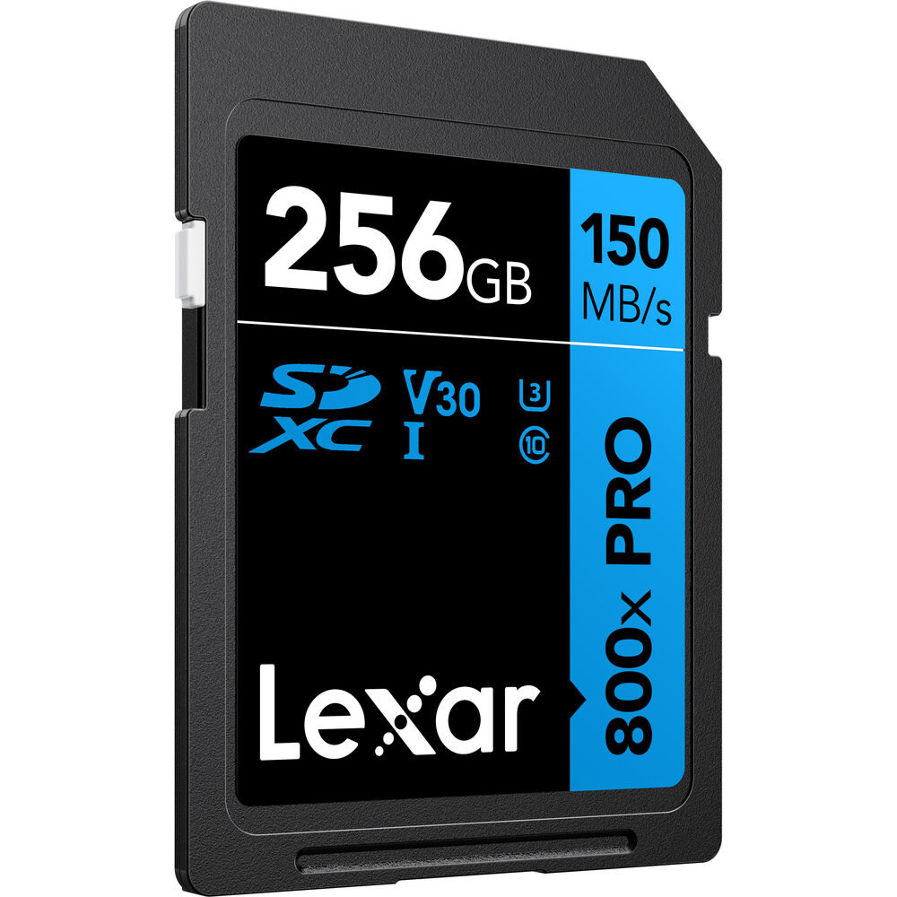 Lexar 256GB SDXC card with specifications on a white background