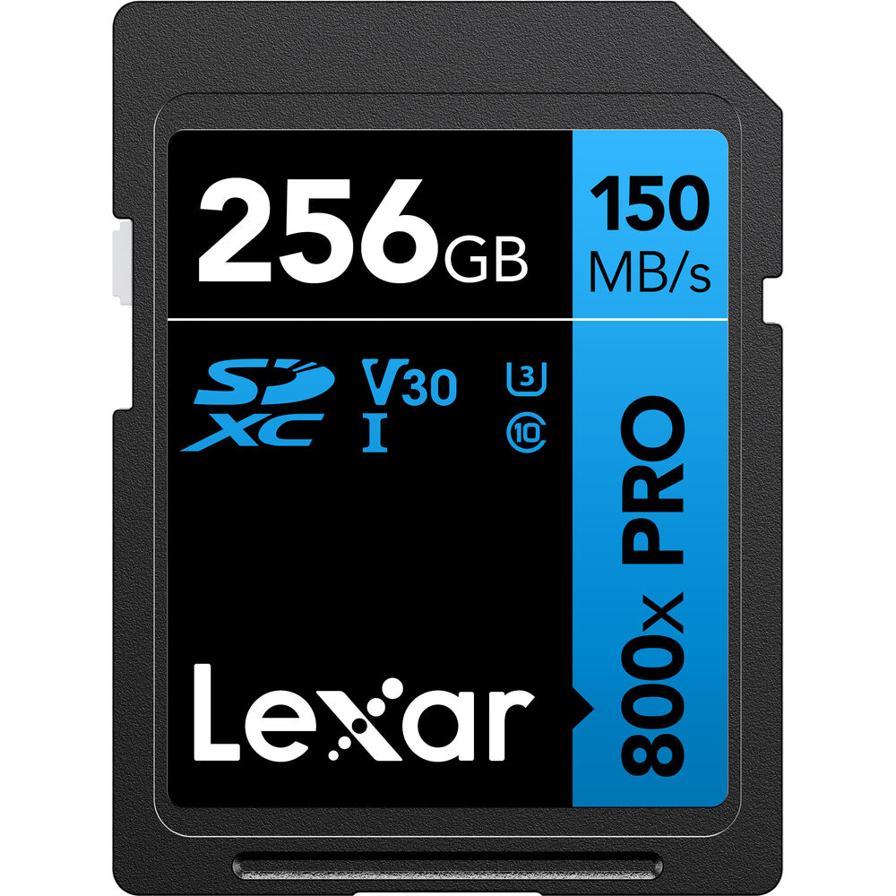 Lexar 256GB SD card with specifications on a white background