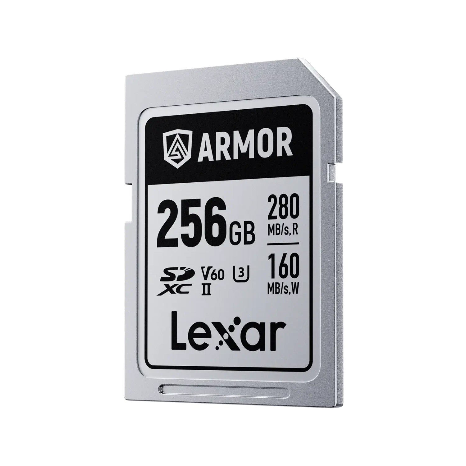 Rugged Lexar SDXC card for 6K video with V60 speed and ribless design.