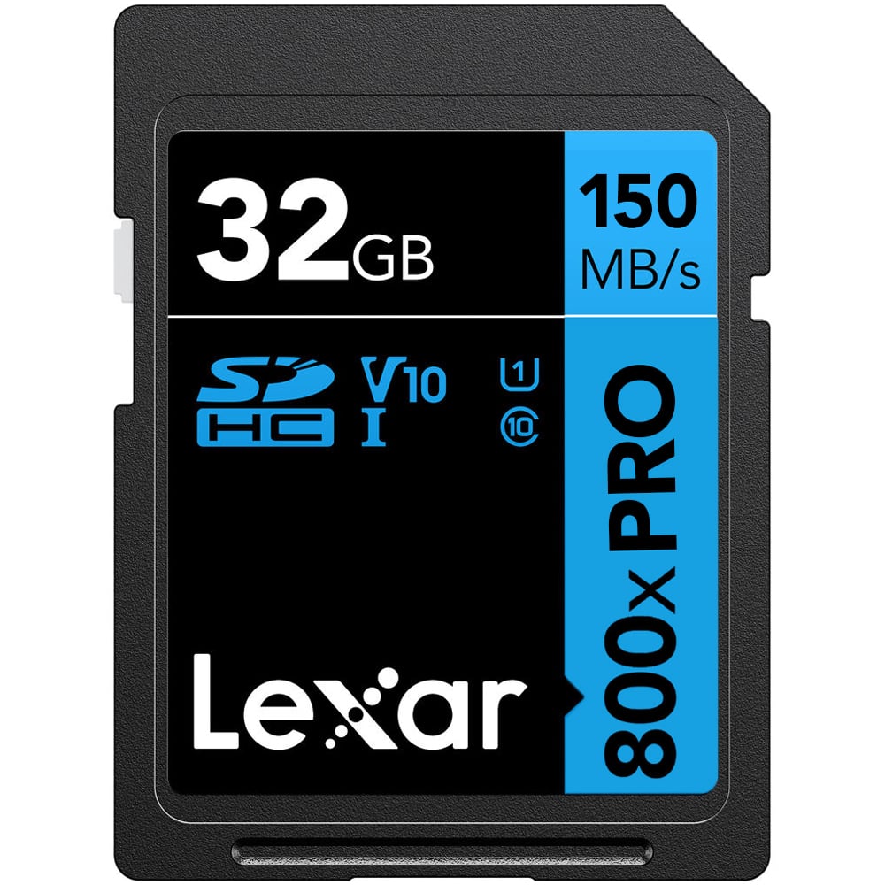 Front view of a Lexar 32GB SD memory card with a maximum read speed of 150MB/s
